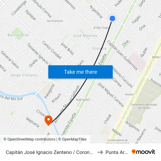 Capitán José Ignacio Zenteno / Coronel Mardones to Punta Arenas map