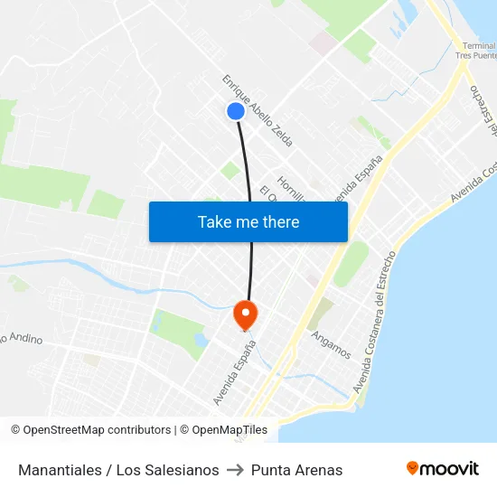 Manantiales / Los Salesianos to Punta Arenas map