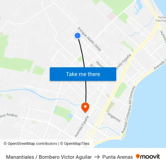 Manantiales / Bombero Victor Aguilar to Punta Arenas map