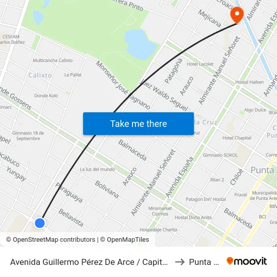 Avenida Guillermo Pérez De Arce / Capitán José Ignacio Zenteno to Punta Arenas map