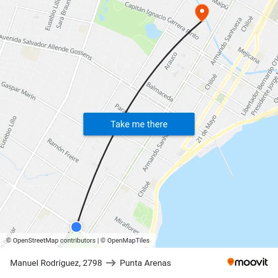 Manuel Rodríguez, 2798 to Punta Arenas map