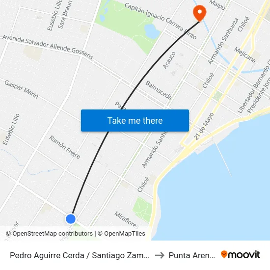 Pedro Aguirre Cerda / Santiago Zamora to Punta Arenas map