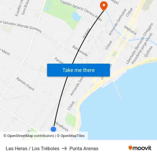 Las Heras / Los Tréboles to Punta Arenas map
