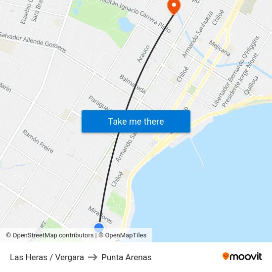 Las Heras / Vergara to Punta Arenas map