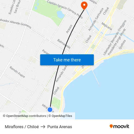 Miraflores / Chiloé to Punta Arenas map