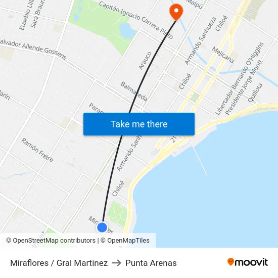 Miraflores / Gral Martinez to Punta Arenas map