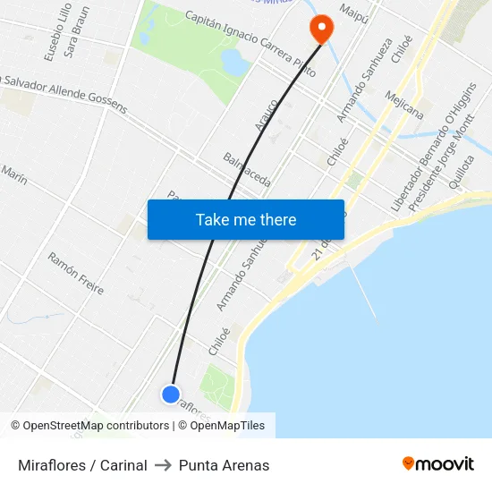 Miraflores / Carinal to Punta Arenas map