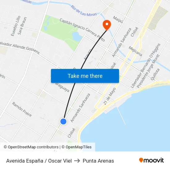 Avenida España / Oscar Viel to Punta Arenas map