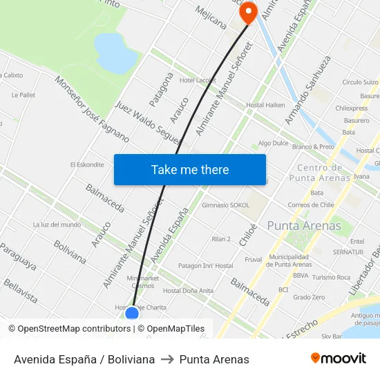 Avenida España / Boliviana to Punta Arenas map