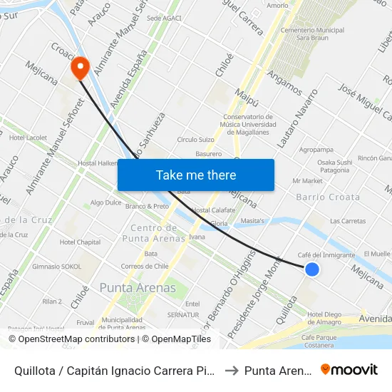 Quillota / Capitán Ignacio Carrera Pinto to Punta Arenas map