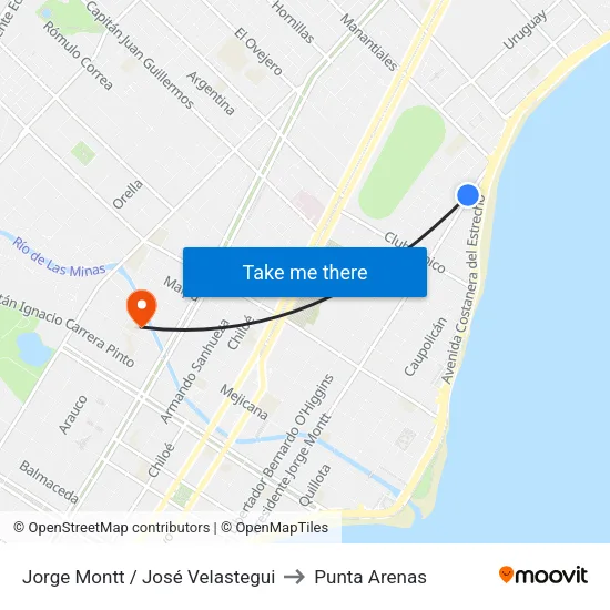 Jorge Montt / José Velastegui to Punta Arenas map