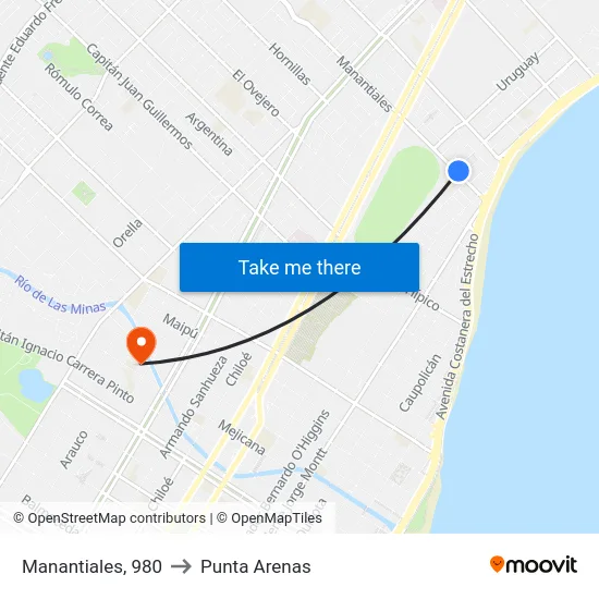 Manantiales, 980 to Punta Arenas map