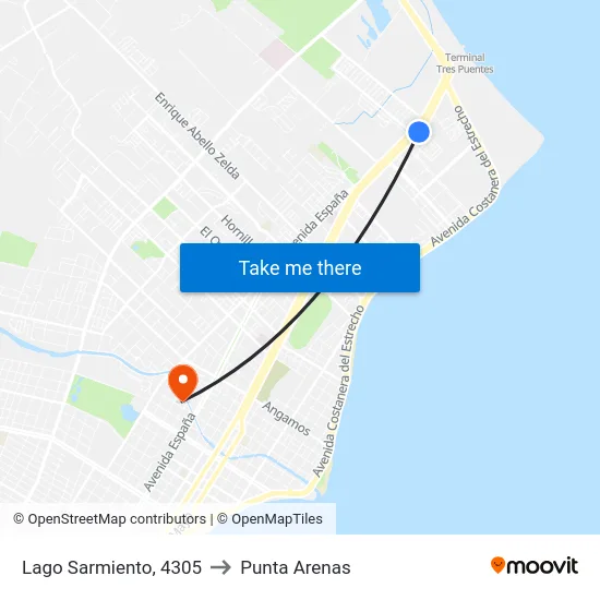 Lago Sarmiento, 4305 to Punta Arenas map