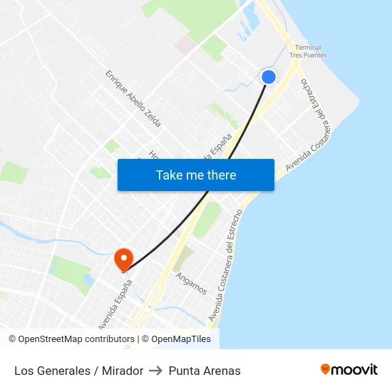 Los Generales / Mirador to Punta Arenas map