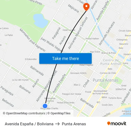 Avenida España / Boliviana to Punta Arenas map