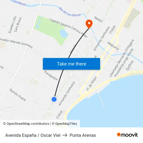 Avenida España / Oscar Viel to Punta Arenas map
