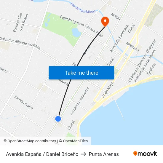 Avenida España / Daniel Briceño to Punta Arenas map