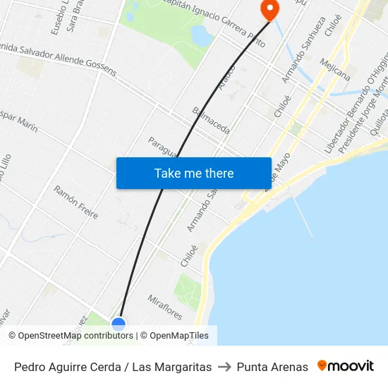 Pedro Aguirre Cerda / Las Margaritas to Punta Arenas map