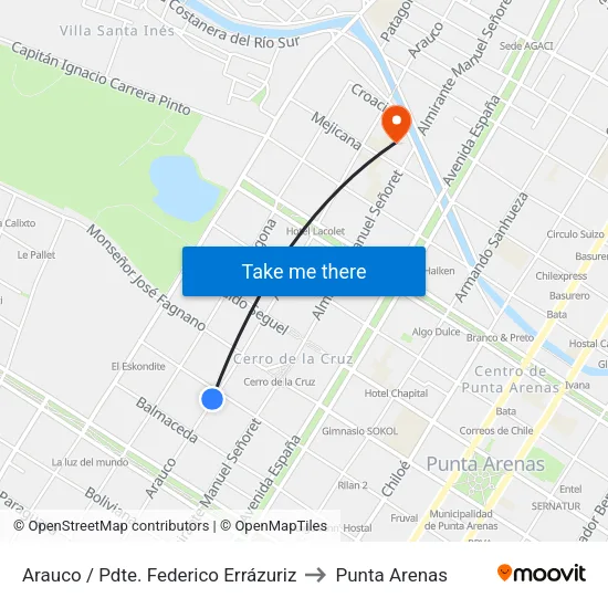 Arauco / Pdte. Federico Errázuriz to Punta Arenas map