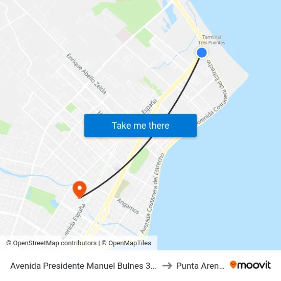 Avenida Presidente Manuel Bulnes 3545 to Punta Arenas map