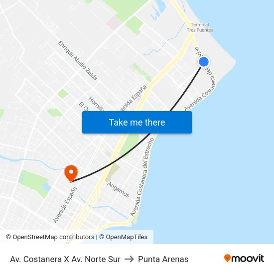 Av. Costanera X Av. Norte Sur to Punta Arenas map