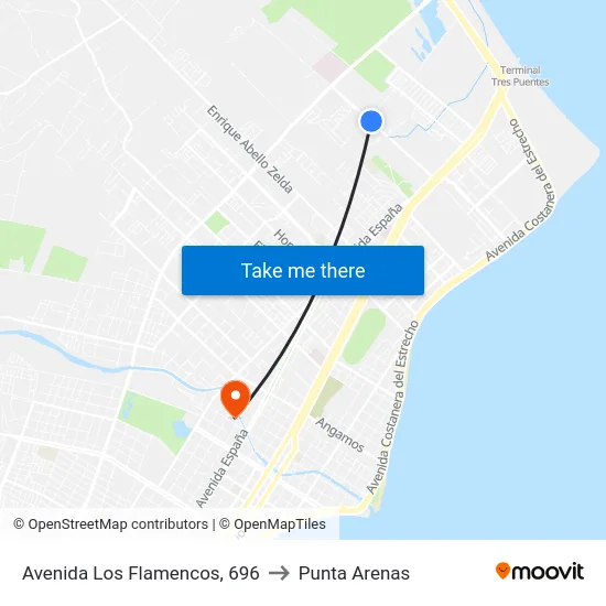 Avenida Los Flamencos, 696 to Punta Arenas map