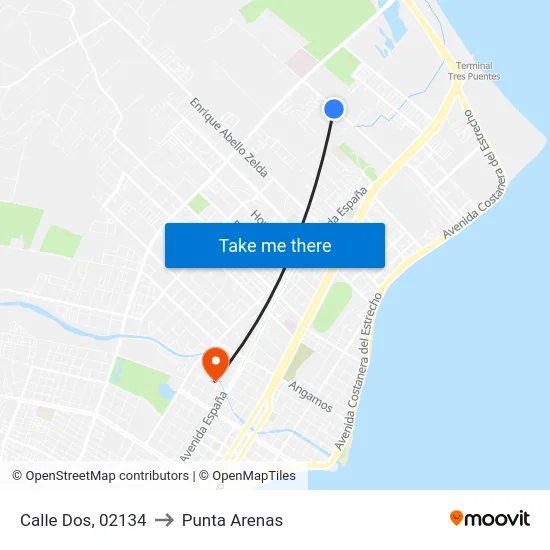 Calle Dos, 02134 to Punta Arenas map