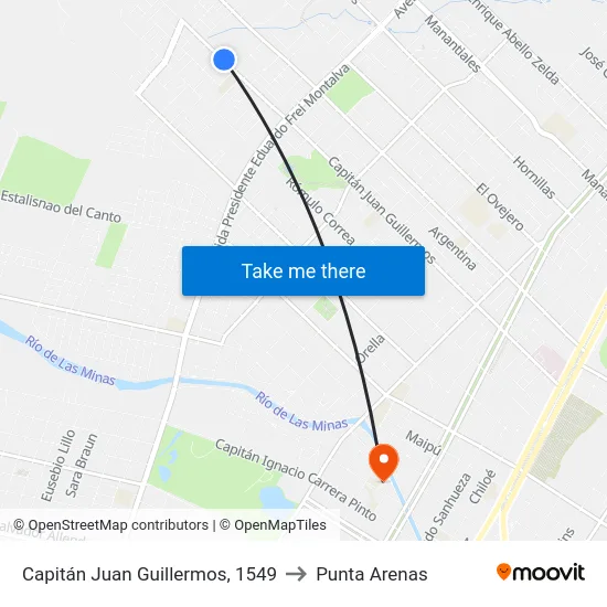 Capitán Juan Guillermos, 1549 to Punta Arenas map