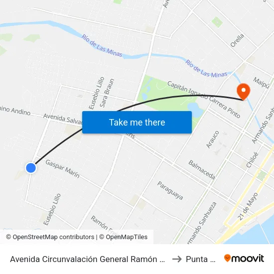 Avenida Circunvalación General Ramón Cañas Montalva, 2080 to Punta Arenas map