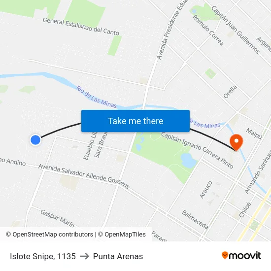 Islote Snipe, 1135 to Punta Arenas map
