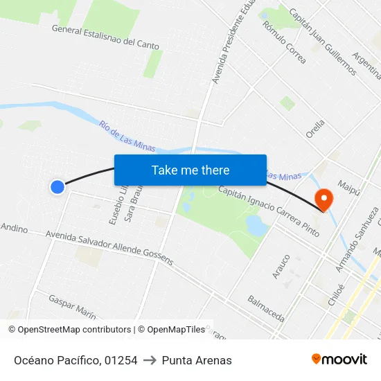 Océano Pacífico, 01254 to Punta Arenas map