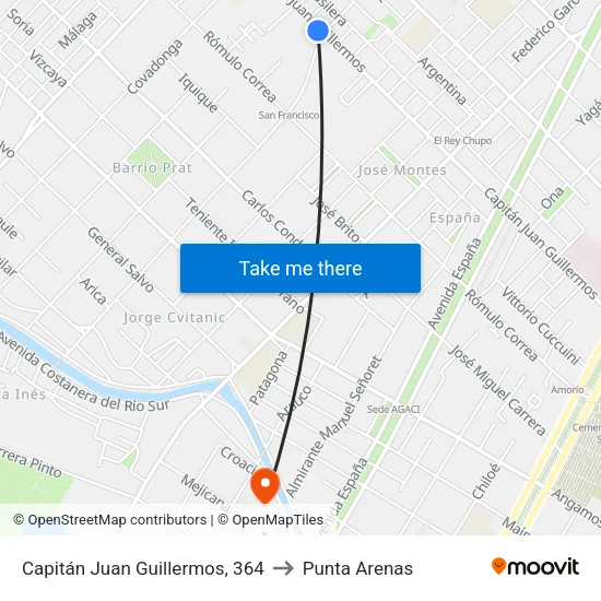 Capitán Juan Guillermos, 364 to Punta Arenas map