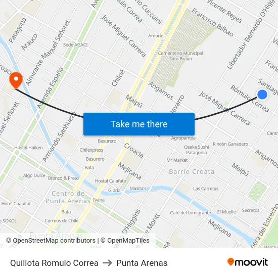 Quillota Romulo Correa to Punta Arenas map