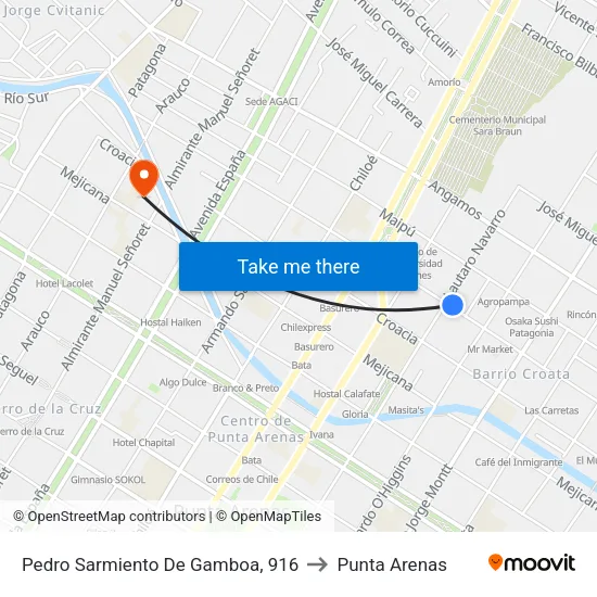 Pedro Sarmiento De Gamboa, 916 to Punta Arenas map