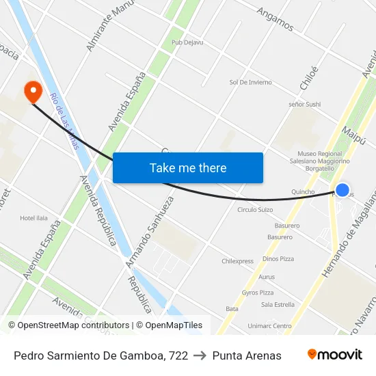 Pedro Sarmiento De Gamboa, 722 to Punta Arenas map