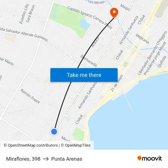 Miraflores, 398 to Punta Arenas map