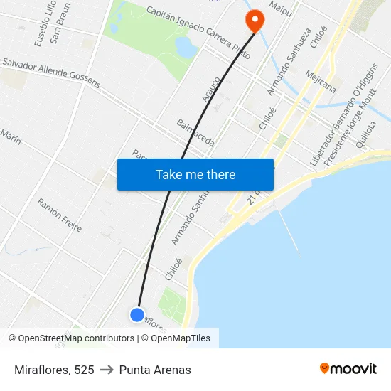 Miraflores, 525 to Punta Arenas map