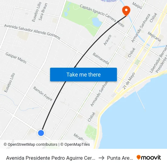 Avenida Presidente Pedro Aguirre Cerda, 107 to Punta Arenas map