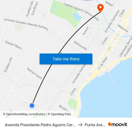 Avenida Presidente Pedro Aguirre Cerda, 107 to Punta Arenas map