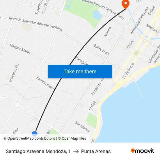 Santiago Aravena Mendoza, 1 to Punta Arenas map