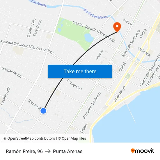 Ramón Freire, 96 to Punta Arenas map