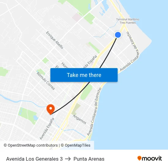 Avenida Los Generales 3 to Punta Arenas map