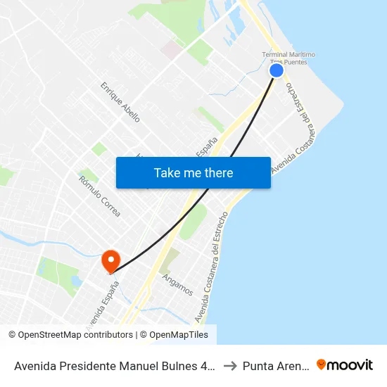 Avenida Presidente Manuel Bulnes 4900 to Punta Arenas map