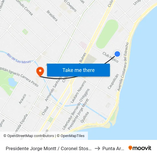 Presidente Jorge Montt / Coronel Stos Mardones to Punta Arenas map