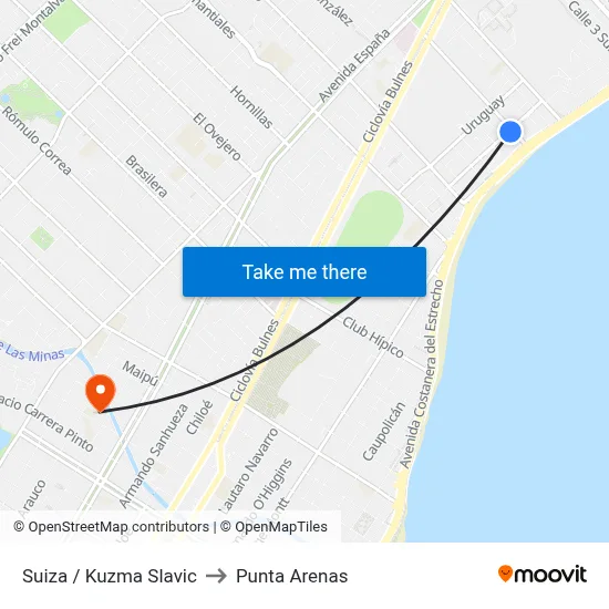 Suiza / Kuzma Slavic to Punta Arenas map