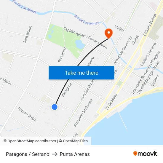 Patagona / Serrano to Punta Arenas map