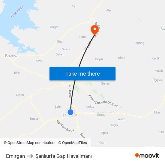 Emirgan to Şanlıurfa Gap Havalimanı map