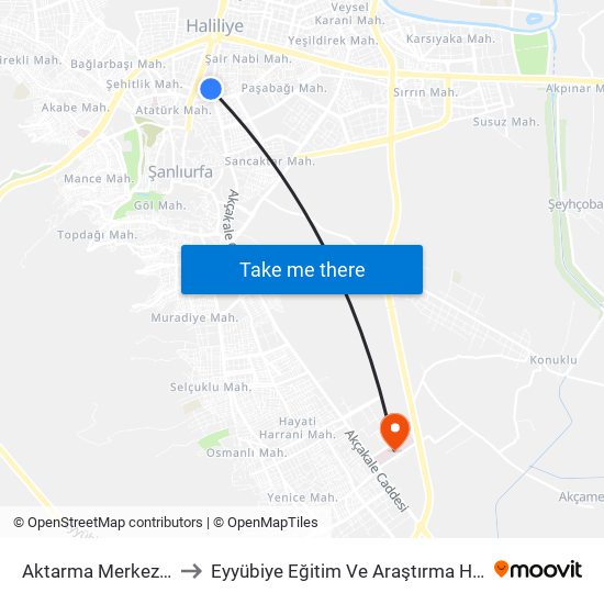 Aktarma Merkezi (T1) to Eyyübiye Eğitim Ve Araştırma Hastenesi map