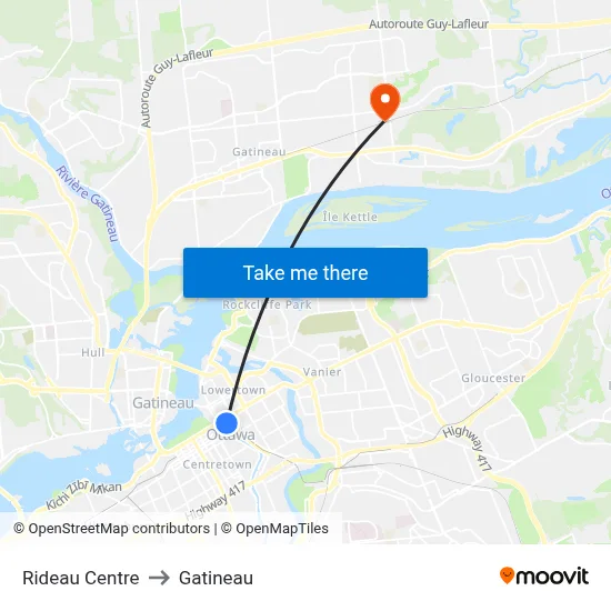 Rideau Centre to Gatineau map