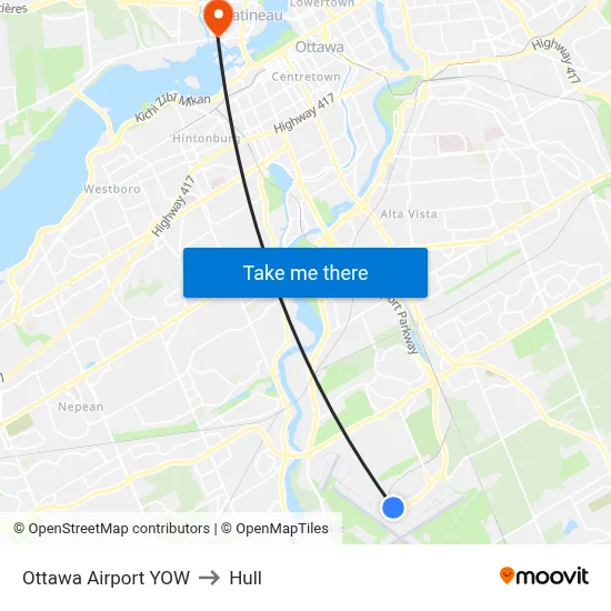 Ottawa Airport YOW to Hull map